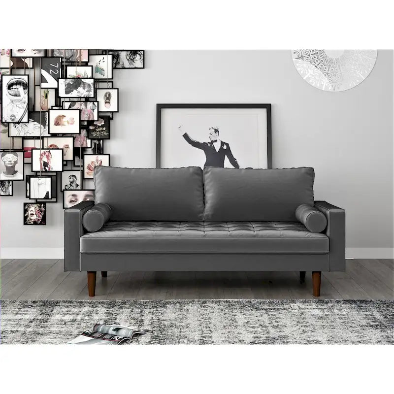 Mid-Century Modern Faux Leather Sofa with Track Arms