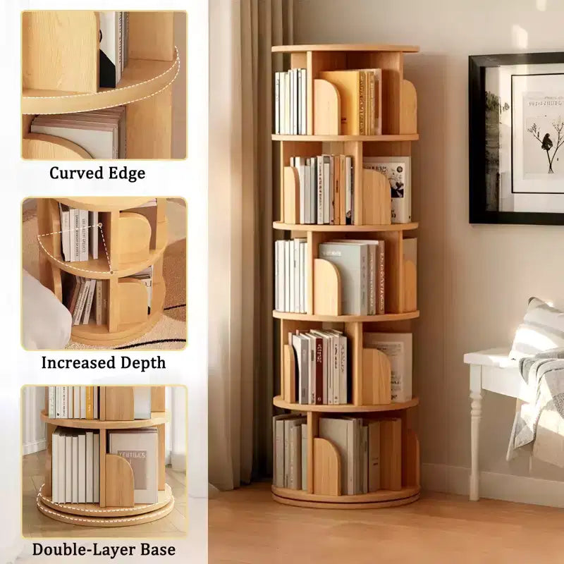 5-Tier 360�� Rotating Bookshelf Tower, Natural Wood