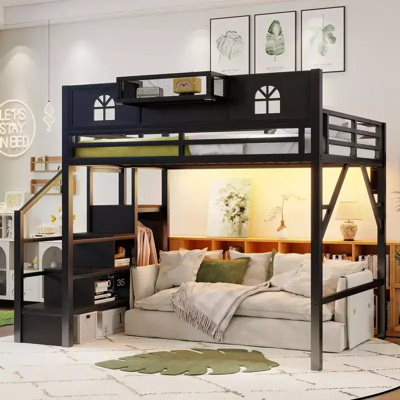 Metal Full Size Loft Bed with Stairs