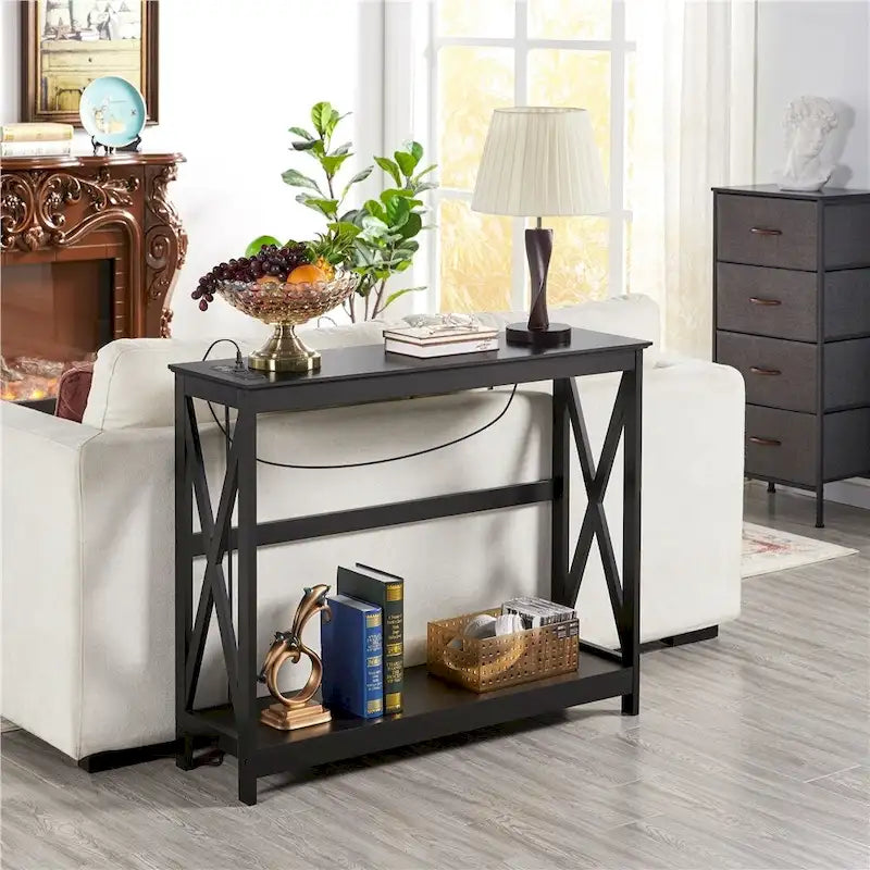 2-Tier Narrow Sofa Console Table with Built-In Power Outlet