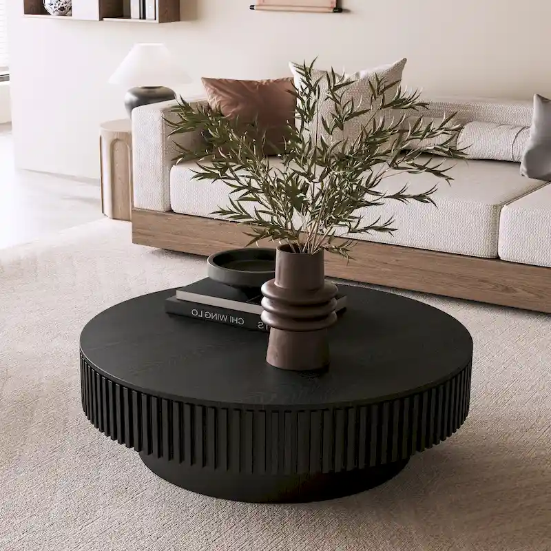 Modern Solid Wood Veneered Round Coffee Tea Table with Storage