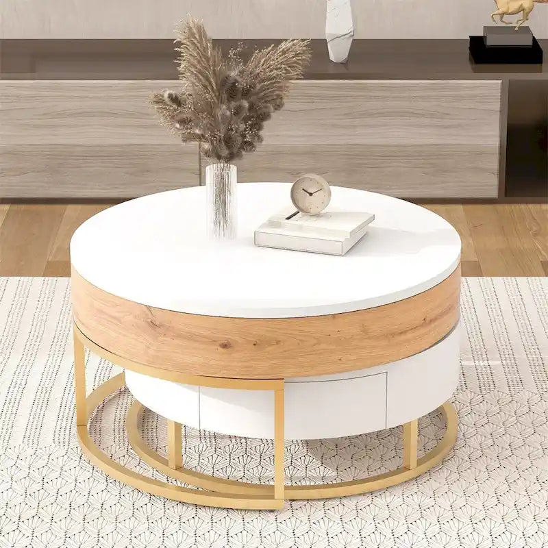 Modern Round Lift-Top Nesting Coffee Tables with Storage Drawers