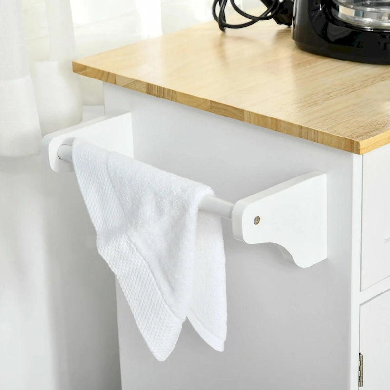 Rolling Kitchen Island Cart with Natural Wood Top 2 Drawers 3 Cabinets and Towel Rack