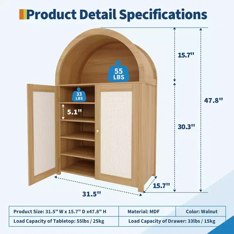 5 Tier Arched Shoe Storage Cabinet with Rattan Doors and Adjustable Shelves for Entryway, Hallway, Living Room, Natural Wood
