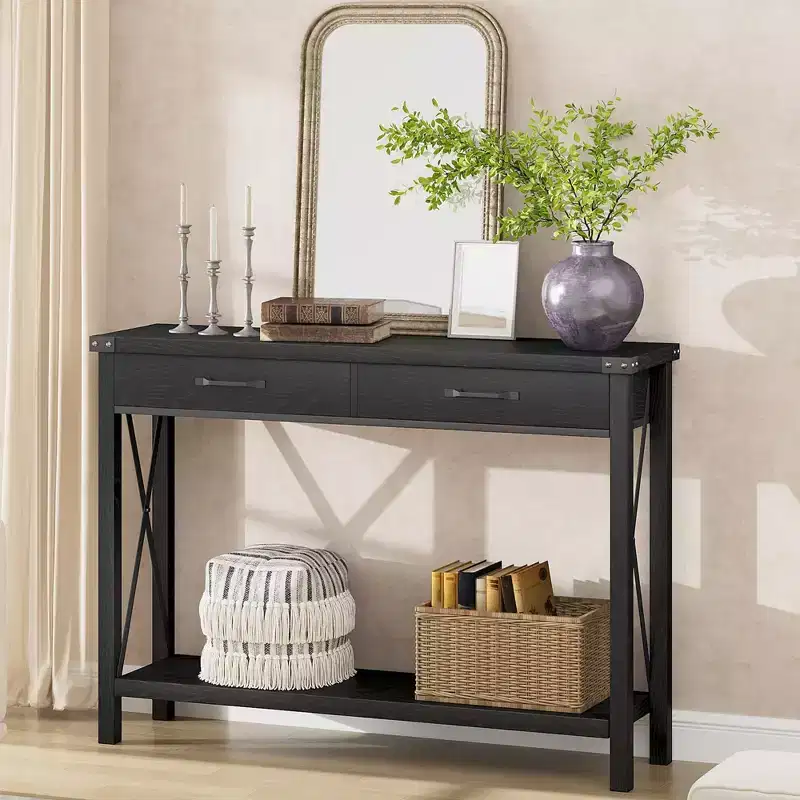 31 inch Console Table with Drawers and Open Shelf, 2-Tier Narrow Sofa Table for Entryway, Living Room, Corridor