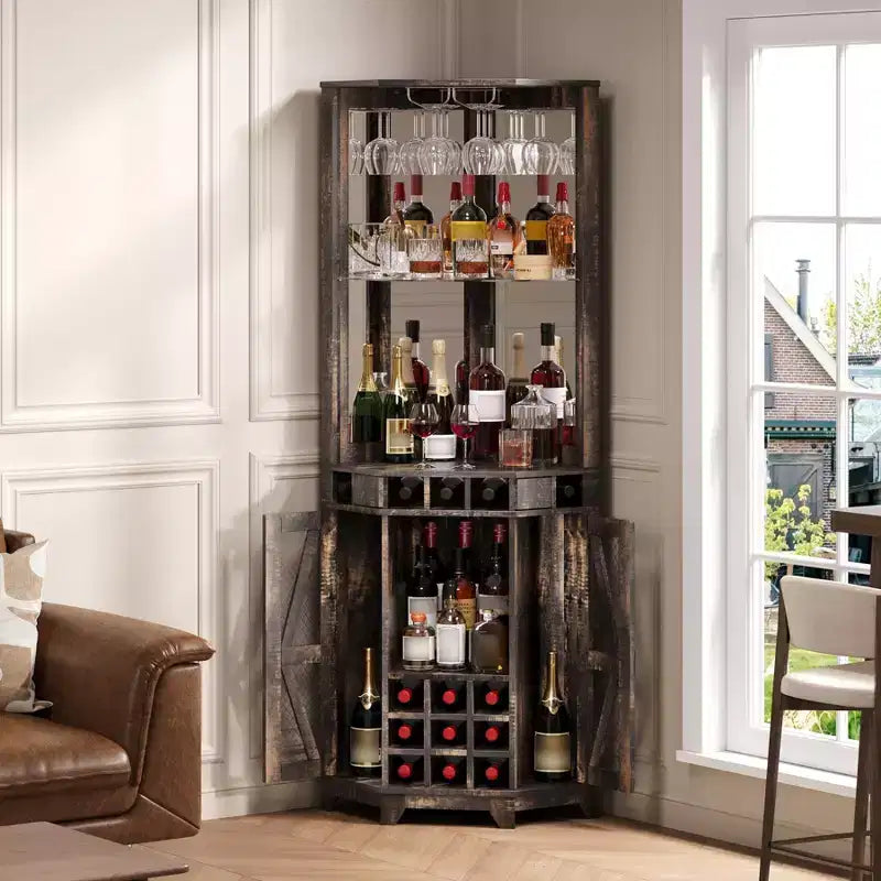 Corner Bar Cabinet with Wine Rack, 72 Tall Wine Cabinet with Acrylic Mirror & Glass Rack, Wooden Liquor Display Cabinet for Dining Room Kitchen