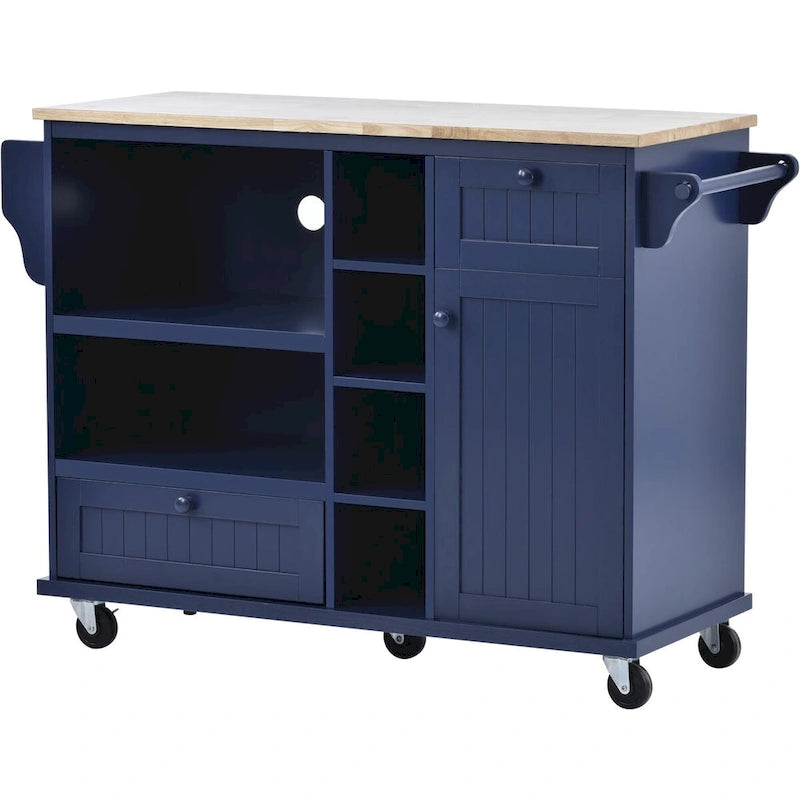Rolling Kitchen Island Cart with Open Shelves Drawers Cabinet and Microwave Space