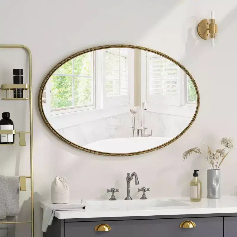 MAYEERTY Iron Art Oval Retro Mirror Antique Effect Wall Hanging for Bedroom Living Room Gold