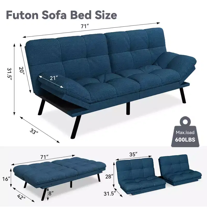 Dyonery 71 Convertible Futon Sofa Bed,Modern Linen Futon Couch with Detachable Cushion,Adjustable Backrest & Armrest