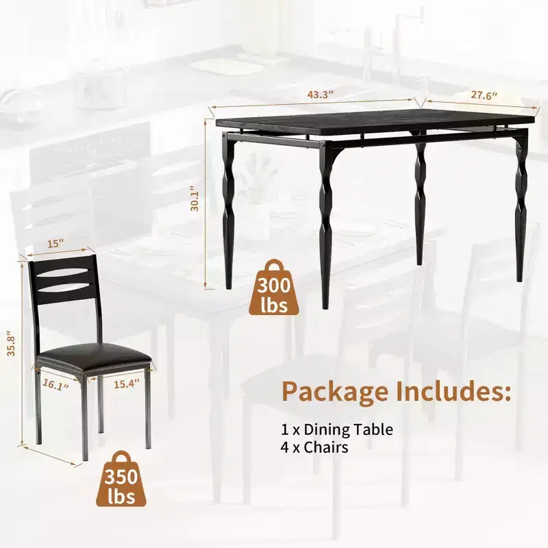 5 Piece Dining Table Set, Industrial Style Dining Table and Chairs Set for 4, Kitchen Table Set for Dining Room Kitchen Apartment