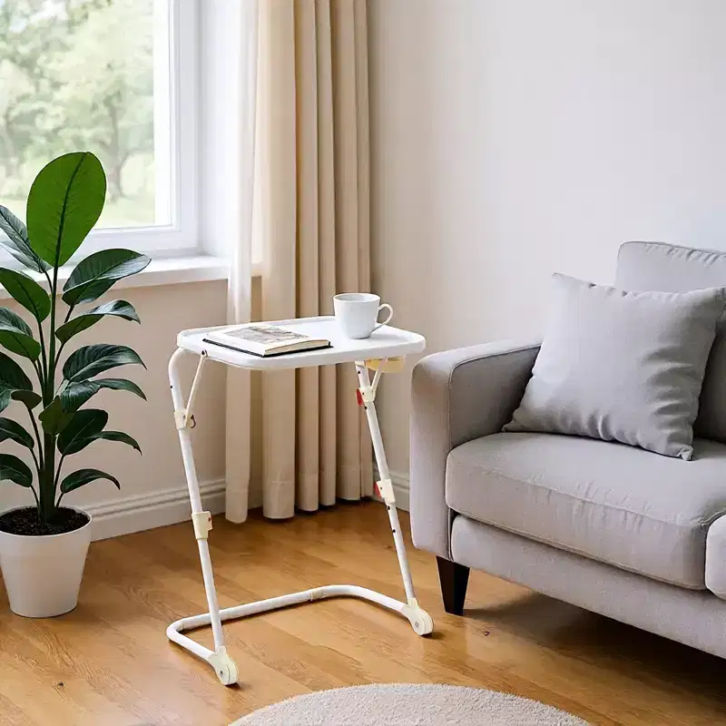 FurnitureR Adjustable Folding TV Tray with 4 Height & 3 Tilt Angle, Foldable Dinner Trays Laptop Snack Table with Cup Holder Sofa, 3PCS. White