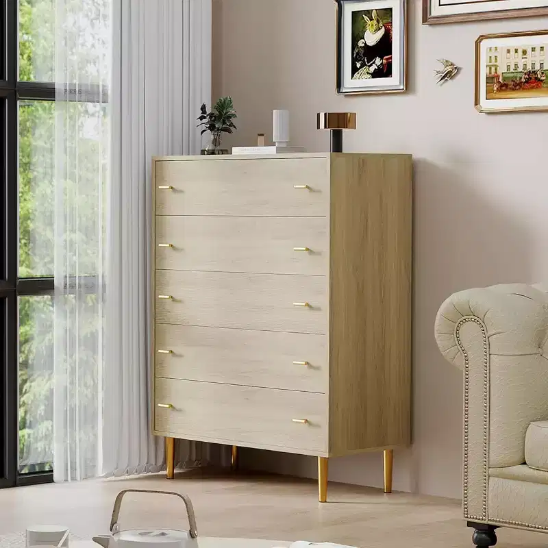 5 Drawers Dresser for Bedroom, Tall Dresser Wood Rustic Chest of Drawers with Large Drawers & Bar Handles,Natural Texture for Living Room,Hallway