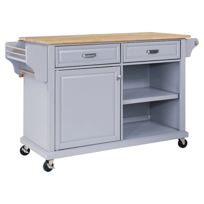Grey Rolling Kitchen Island Cart with Natural Wood Top Drawers Cabinets and Spice Rack