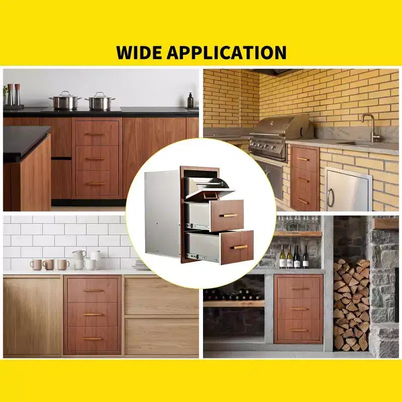Outdoor Kitchen Drawers 17 W x 30 H x 21 D, Flush Mount Triple BBQ Drawers with Stainless Steel Handle, Paper Towel Holder Combo for BBQ Island