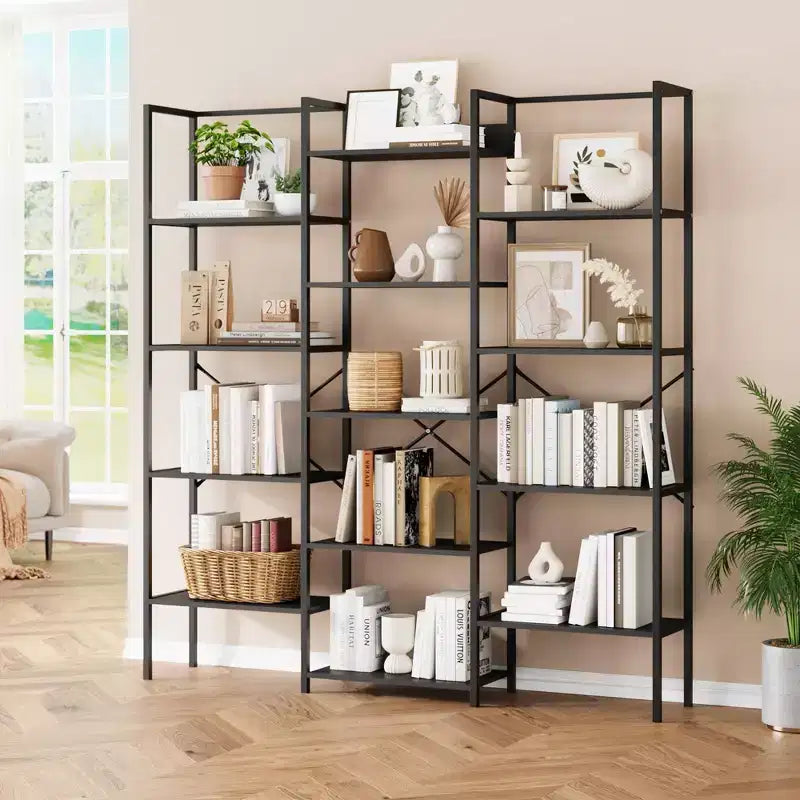 5-Tier Industrial Bookshelf with Adjustable Wood Shelves and Metal Frame