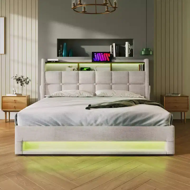 Full/Queen Size Upholstered Platform bed with Hydraulic Storage System, LED and USB Charging - ModernLuxe