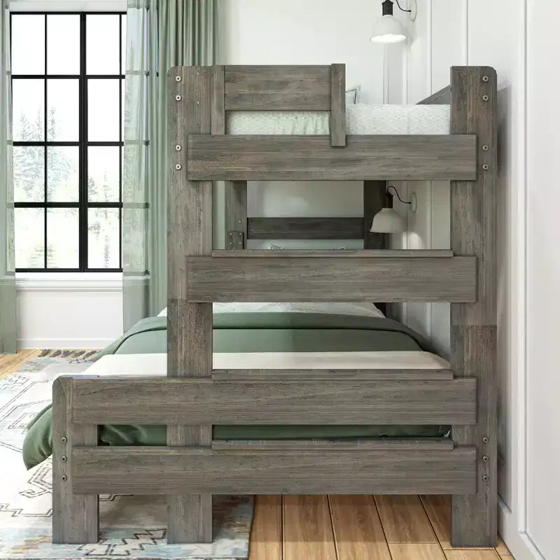 Twin over Full Bunk Bed, Modern Farmhouse Solid Wood for Kids