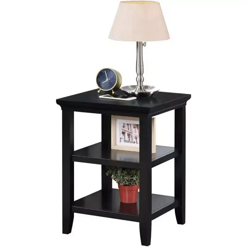 End Table with Lower and Middle Shelf, Transitional Rubberwood Side Table, Black