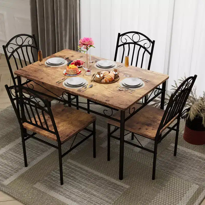 Dining Table Set for 4, 5-Piece Metal and Wood Rectangular Kitchen Table and Chairs, Space-Saving for Small Spaces, Charred Wood Finish