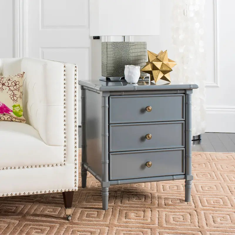 Modern Coastal 3-Drawer Nightstand with Bamboo-Style Frame & Gold Pulls