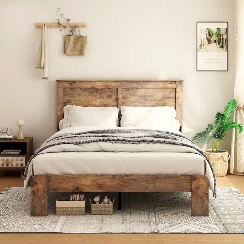 Dark Brown Full Size Wood Platform Bed For Bedroom