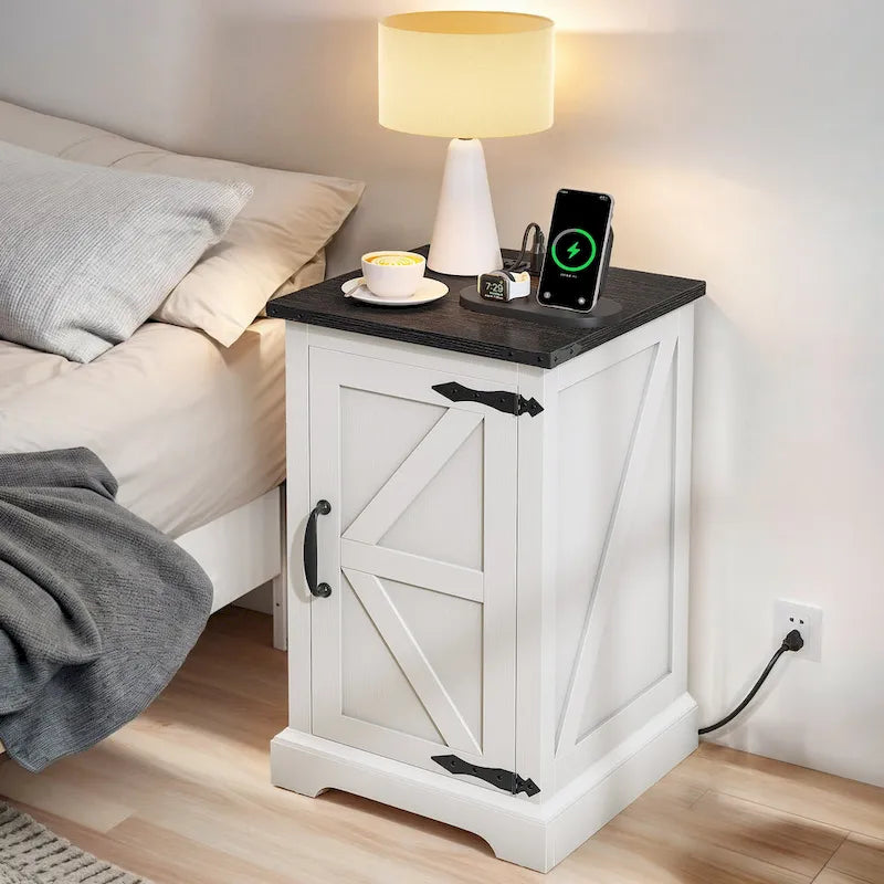 Farmhouse End Table with Charging Station & Adjustable Shelf