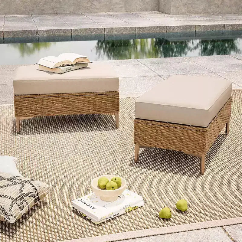 LAUSAINT HOME 2 Pieces Outdoor Patio Ottoman Set, Steel Frame & Storage Side Table Footrest,Rattan Seating for Garden, Balcony, Deck