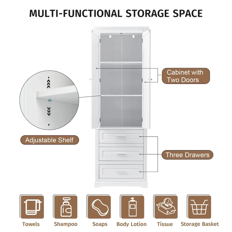 24 x 15.7 x 70 Freestanding Bathroom Cabinet with 3 Drawers