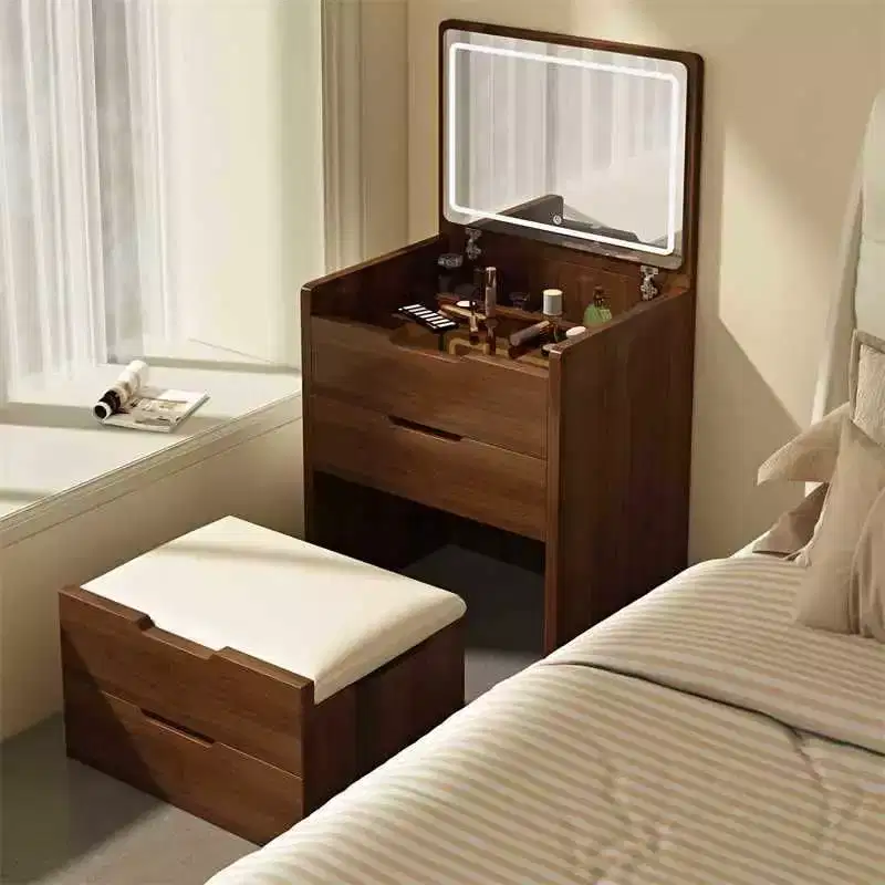 3-In-1 Vanity Table with Plip Top Mirror, Compact Vanity with Visible Glass Desktop and Cushioned Tool, Vanity Desk for Bedroom