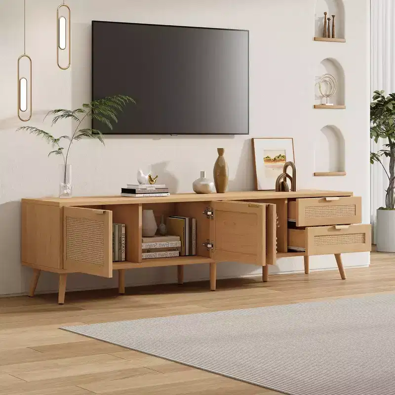 TV Stand for Up to 80 TVs, Rattan Door Media Console Entertainment Center with 2 Drawers, Cable Holes & Solid Wood Legs, Natural - ModernLuxe