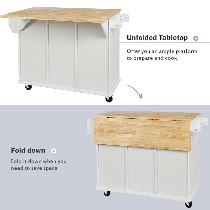 White Rolling Kitchen Island Cart with 5 Wheels Drop Leaf Rubberwood Top 3 Drawers and Spice Rack