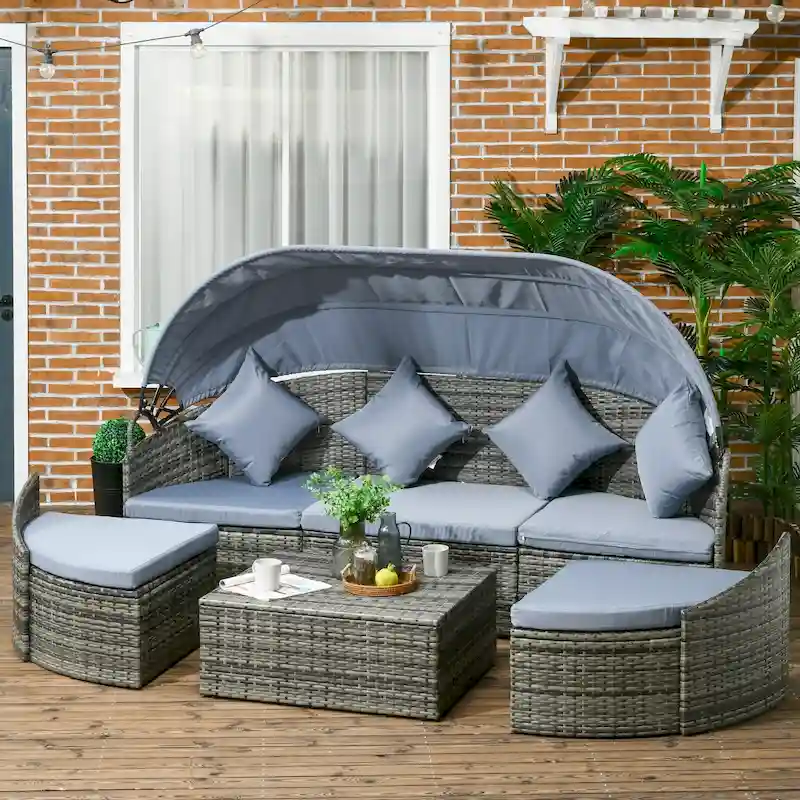 Outsunny 4-Piece Outdoor Rattan Furniture Set, Round Convertible Patio Daybed or Sunbed, Sectional Sofa with Canopy