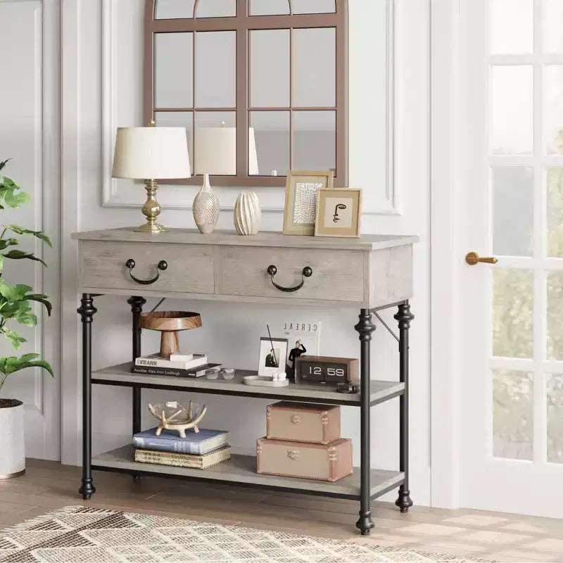 Slim Console Table with 2 Drawers and Open Shelves, Brown