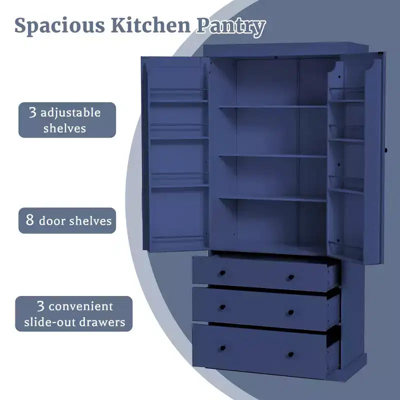 Freestanding Kitchen Pantry Organizer Cabinet, 3 Adjustable Shelves, 3 Drawers, 8 Door Shelves