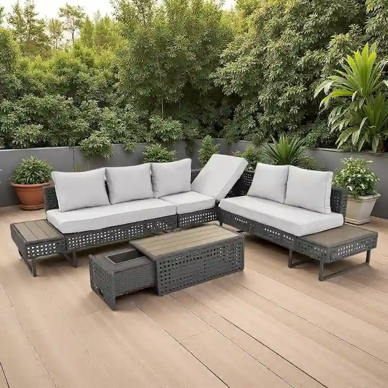 6-Piece Outdoor Patio Rattan Sectional Sofa Set with Adjustable Seat, Side Table, Coffee Table with Ice Bucket