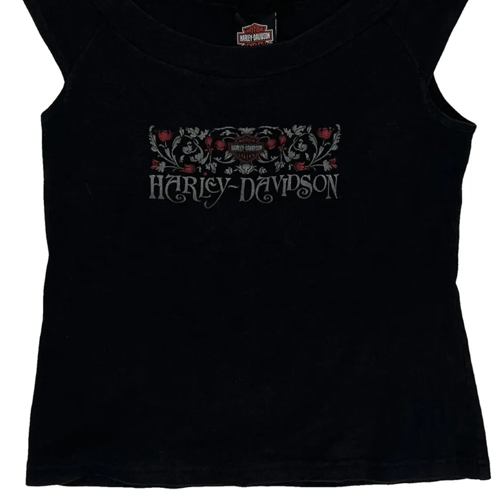Graphic Sleeveless Top Women Medium Black Cotton Casual Fitted Round Neck
