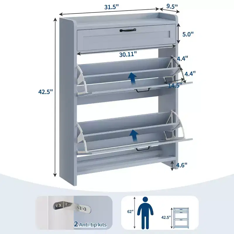 Shoe Cabinet with 2 Flip & 1 Top Drawer,Wooden Shoe Organizer with Adjustable Shelf, Freestanding Entryway Storage for Hallway & Living Room