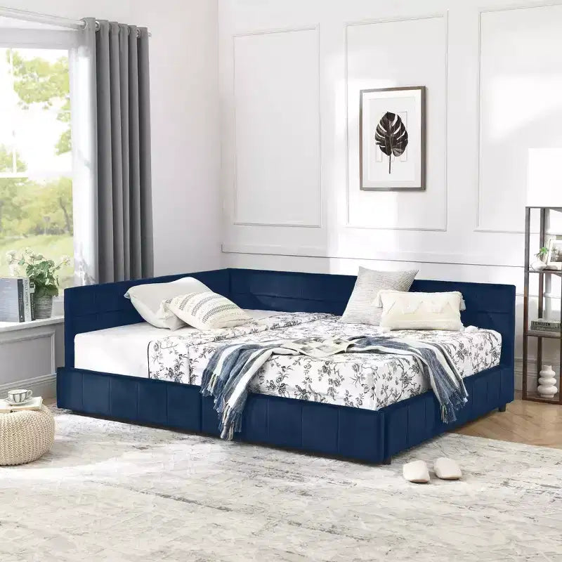 Full Size Storage Upholstered Daybed with Backrest and Armrests for Bedroom Living Room – Dark Blue