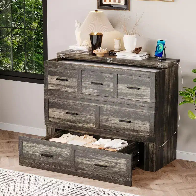 Foldable Murphy Bed with Charging Station and Storage Drawer