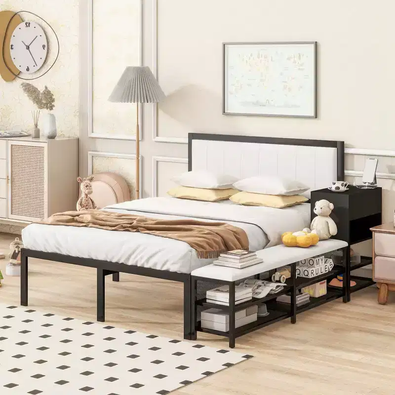 Okak Full Bed Frame with Two-Tier Storage Shelves, Metal Full-size Platform Bed with Wooden Storage Cabinet for Bedroom, Living Room, Black