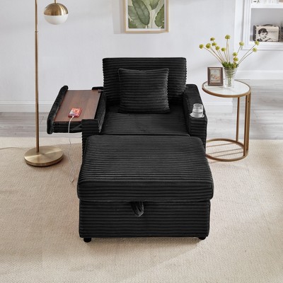 GDFStudio Tenley Modern Chenille Accent Chair with Storage Ottoman, Cup Holder and Convertible Armrest Table