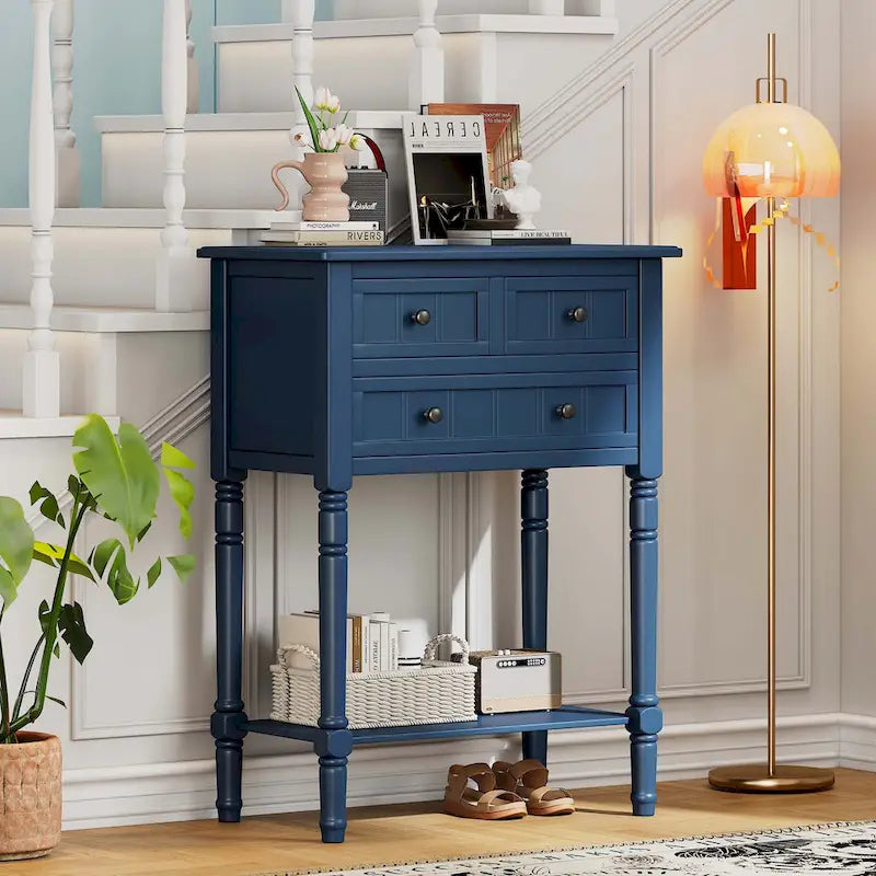 Narrow Console Table with Drawers and Bottom Shelf