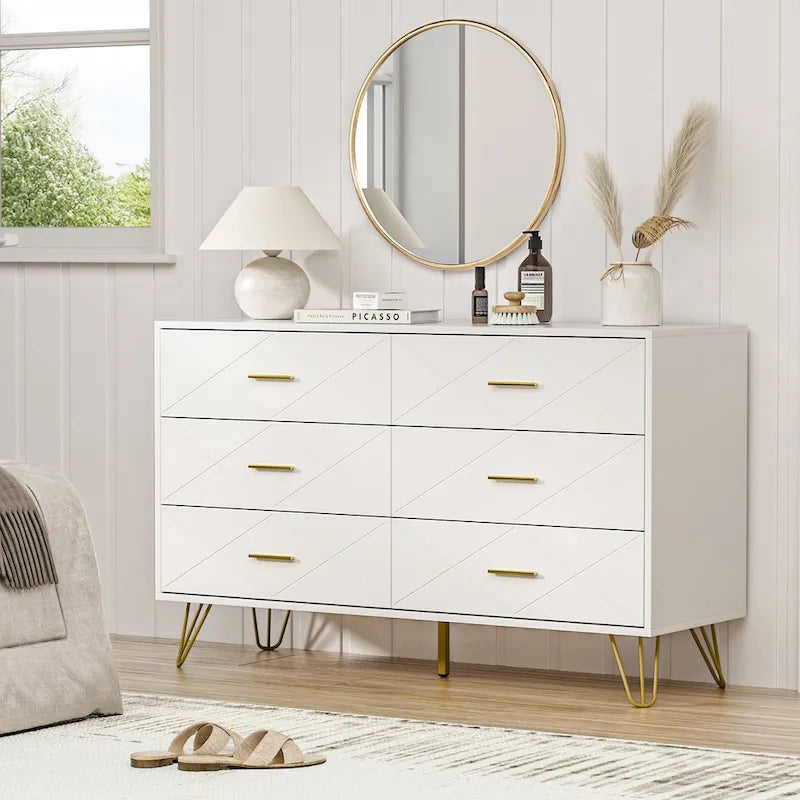6-Drawer Fluted Dresser for Bedroom with Wide Top and Gold Handles