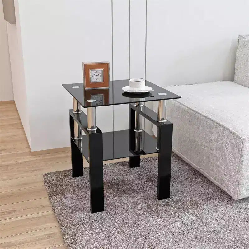 Modern 2-Tier Square Coffee Table with Tempered Glass Top