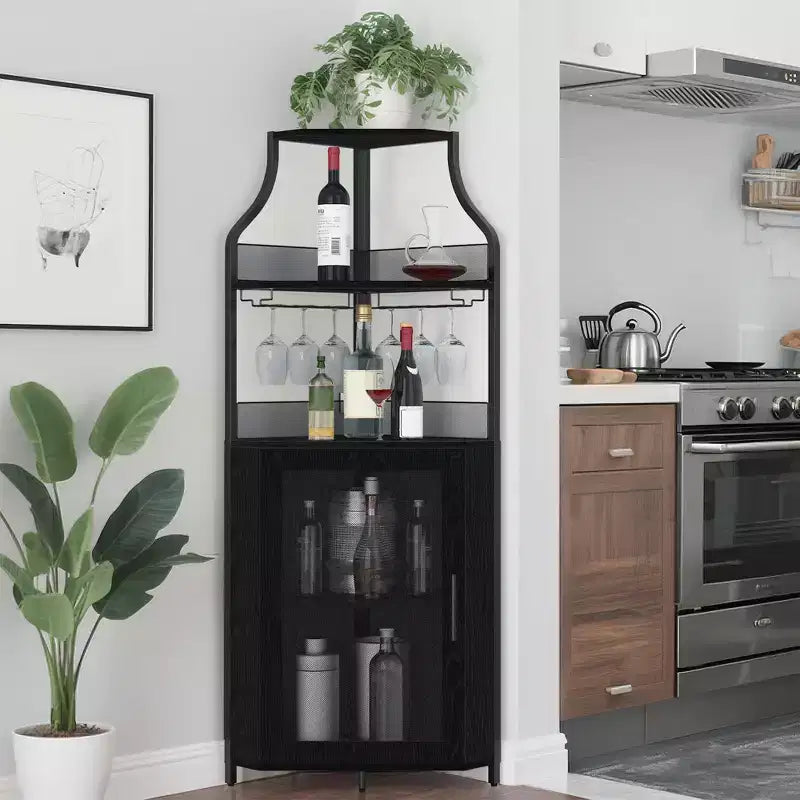 Corner Wine Cabinet, Metal Wine Holder Stand Holds 50+ Bottles & Glassware, Floor Wine Storage for Kitchen Dining Room Office Bar