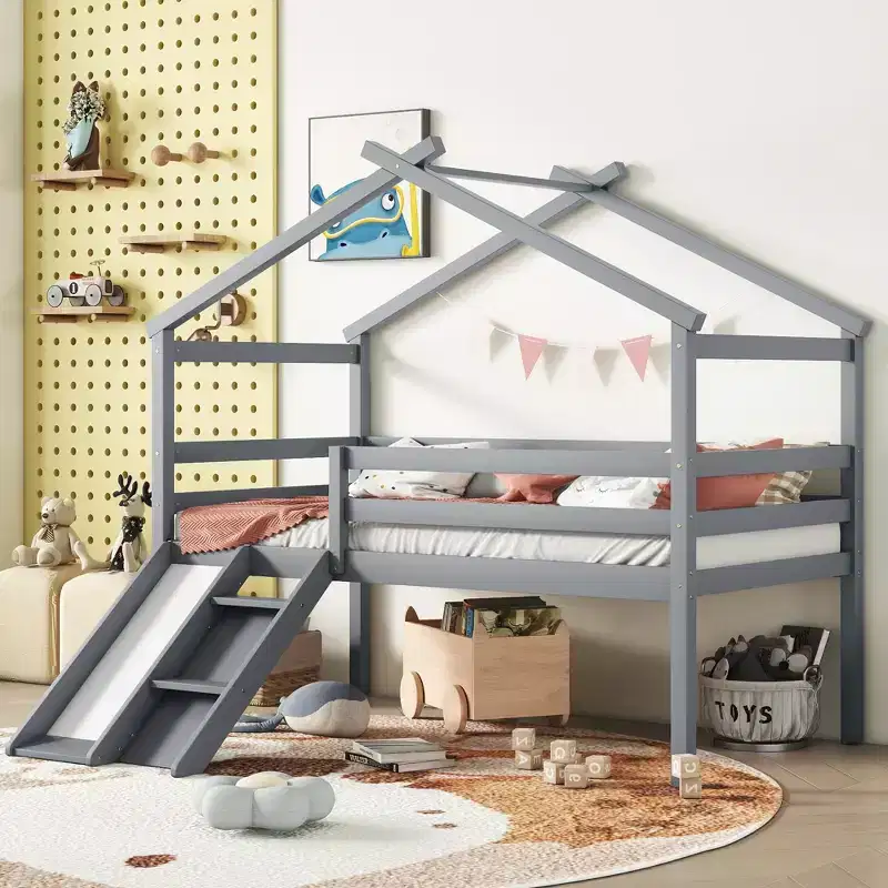 81.7L x 67.6W Twin Low Loft House Bed with Slide, Ladder, Safety Guardrails, House Roof Frame