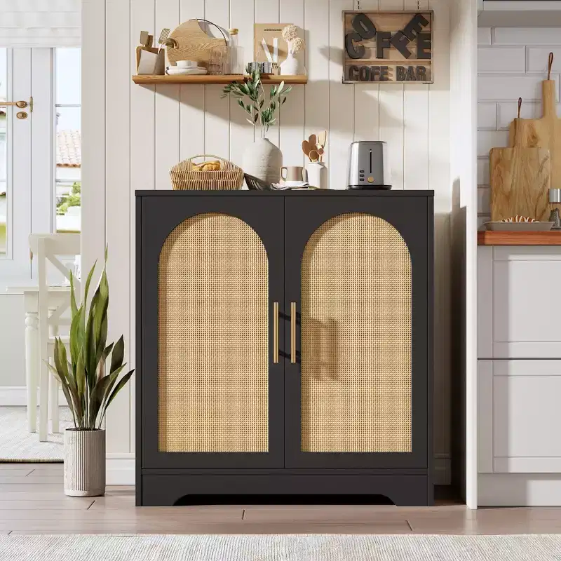 Modern Sideboard Buffet Cabinet with 2 Rattan Doors  Credenza Storage Console Table, Coffee Bar Cabinet for Living Room, Hallway & Entryway
