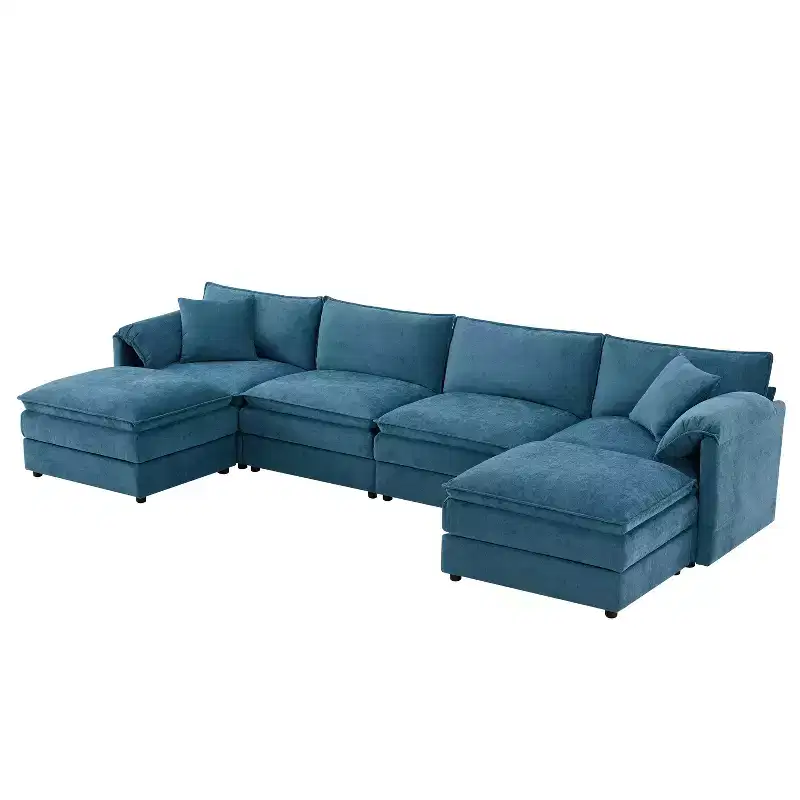 Polibi 6-Piece Chenille U-Shaped Modular Sectional Sofa with Dual Ottomans and Double-Layer Cushions