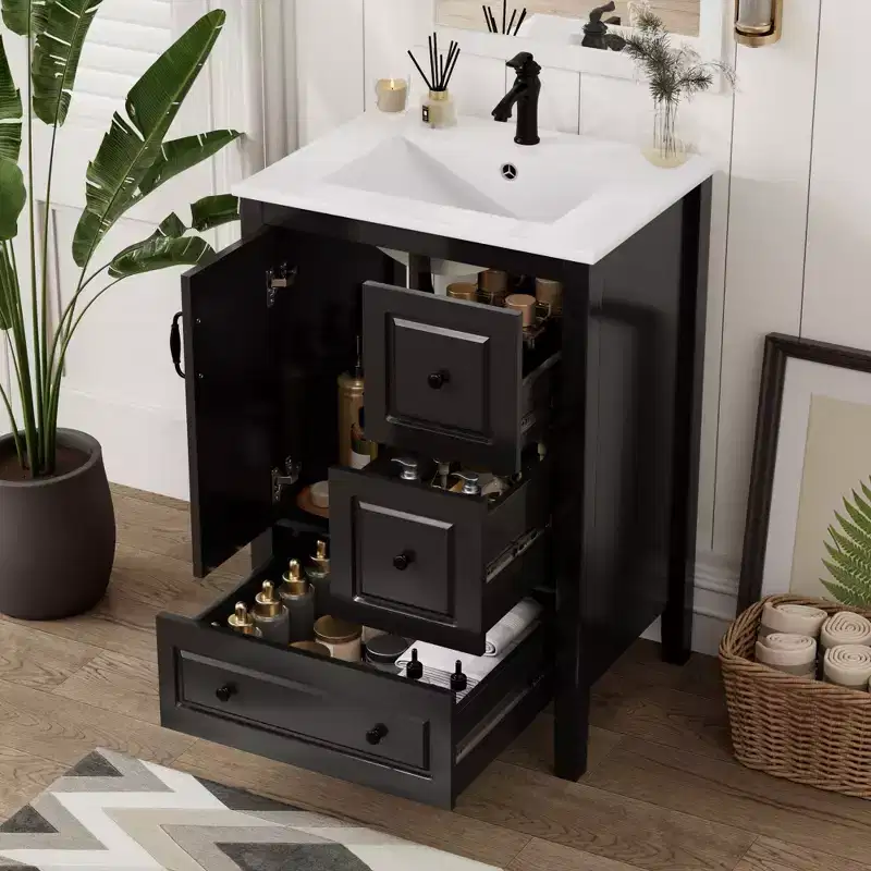 24 inch Black Bathroom Vanity with Sink and Iron Arched Mirror Cabinet, One Cabinet with Soft-closing Door, 3 Soft-closing Drawers