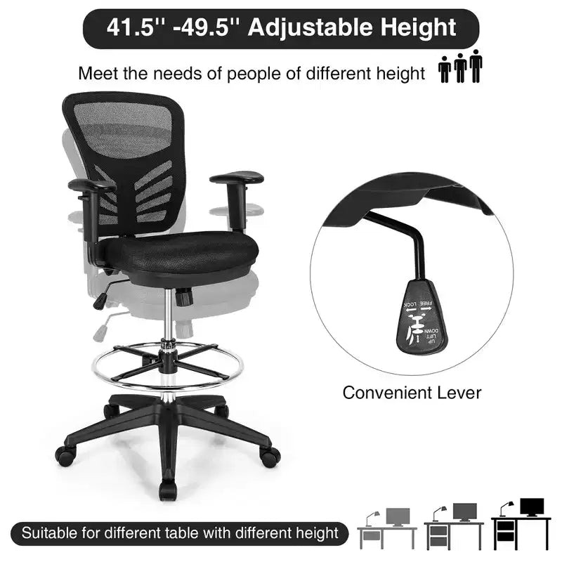 Mesh Drafting Chair with Adjustable Armrests & Foot-Ring